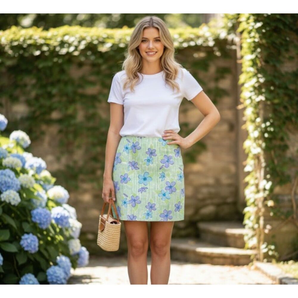 Lilly Pulitzer Mini Skirt Vintage White Label Green Floral Blue Purple Size 6